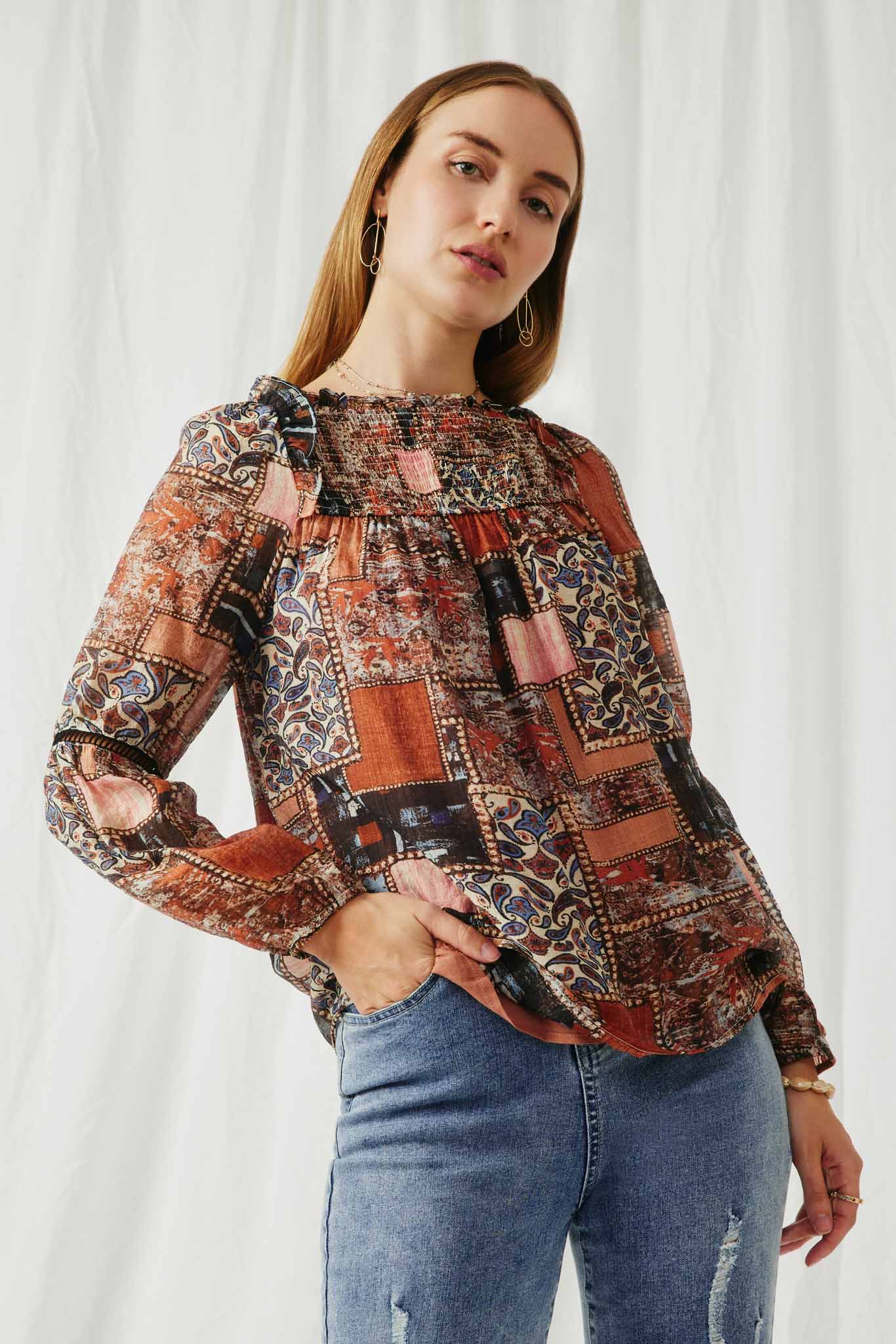 HY6223 Brown Womens Patch Print Smocked Neck Chiffon Top Front