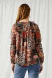 HY6223 Brown Womens Patch Print Smocked Neck Chiffon Top Back