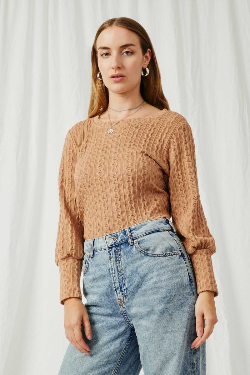 HY6290 Taupe Womens Long Cuff Cable Knit Pullover Top Front