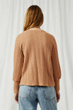 HY6290 Taupe Womens Long Cuff Cable Knit Pullover Top Back