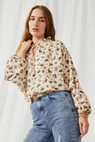 HY6302 Beige Womens Ditsy Print Textured Dolman Top Front
