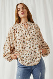 HY6302 Beige Womens Ditsy Print Textured Dolman Top Front 2