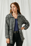 HY6311 Black Womens Houndstooth Front Pocket Button Detail Coat Front