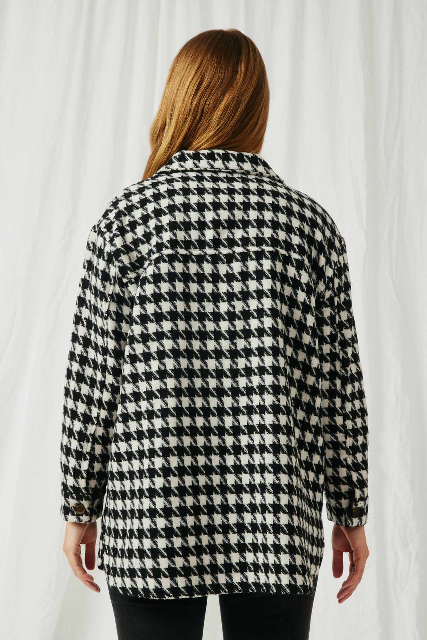 HY6311 Black Womens Houndstooth Front Pocket Button Detail Coat Back