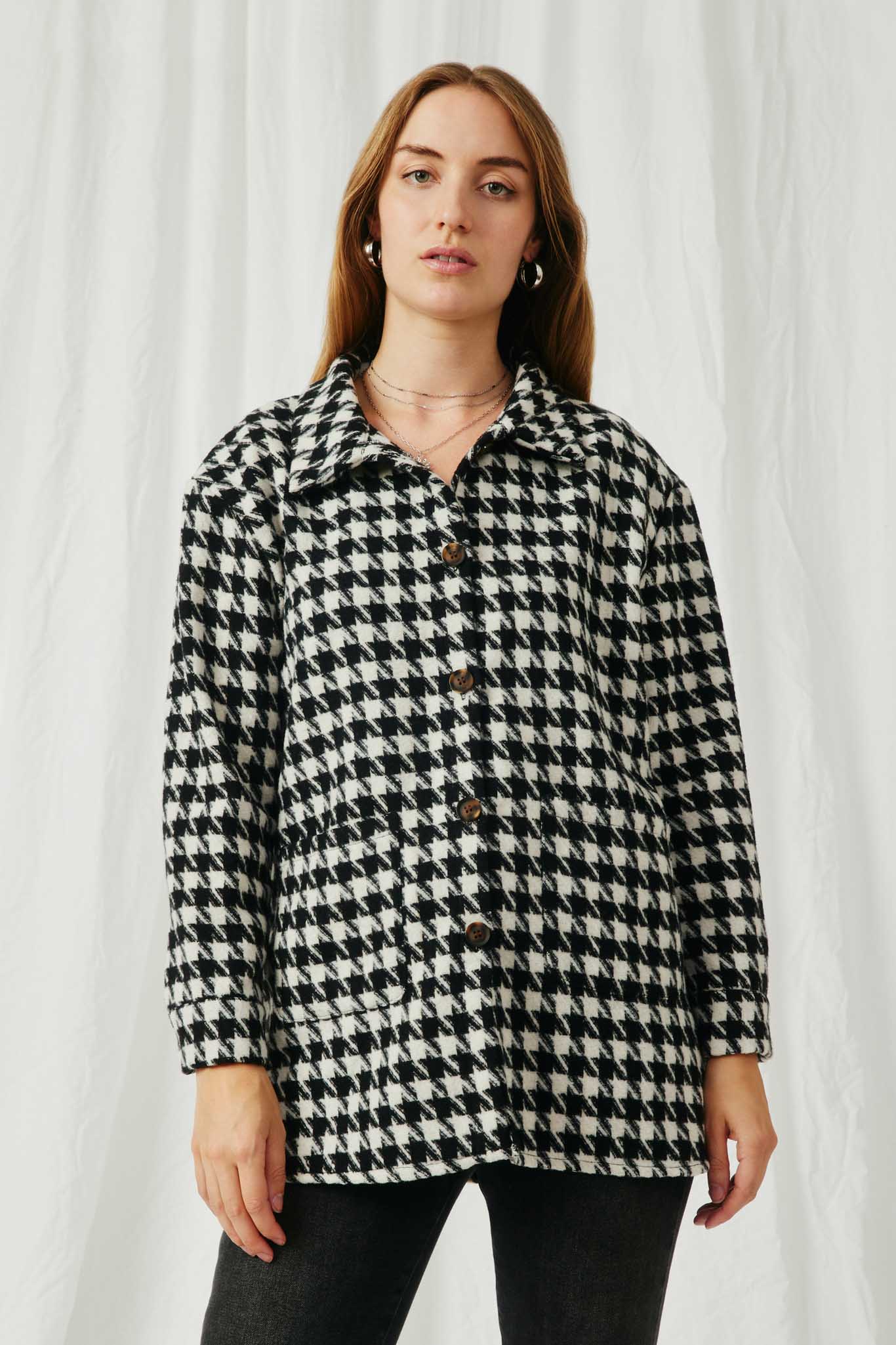 HY6311 Black Womens Houndstooth Front Pocket Button Detail Coat Front 2
