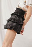 HY6367 Black Womens Shimmery Ruffle Tiered Smocked Waist Skirt Side