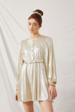 HY6384 Champagne Womens Textured Button Detail Iridescent Dress Front 2