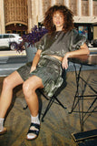 HY6408 Olive Womens Shimmery Tiered Elastic Waist Skirt Full Body