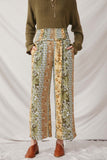 HY6513 Olive Womens Mixed Print Block Smocked Waist Wide Leg Pants Front
