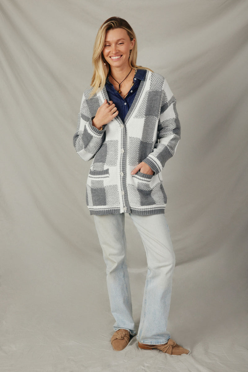 HY7463 Grey Womens Mixed Knit Statement Button Quilted Sweater Cardigan Full Body