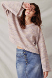 HY7523 Lavender Womens Textured V Neck Drop Should Marled Knit Top Front