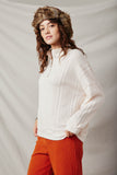 HY7530 Ivory Womens Cable Knit Long Sleeve Mock Neck Half Zip Top Side