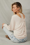 HY7538 Beige Womens Brushed Button Detail V Neck Cuffed Dolman Knit Top  Detail