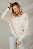 HY7538 Beige Womens Brushed Button Detail V Neck Cuffed Dolman Knit Top Pose