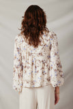 HY7590 Ivory Womens Textured Satin Floral Asymmetric Peasant Sleeve Top Back