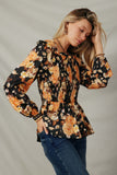 HY7681 Black Womens Satin Floral Loose Smocked Square Neck Top Pose