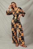HY7683 Black Womens Satin Floral Smocked Waist Tie Front Jumpsuit Full Body