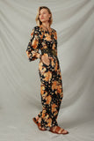 HY7683 Black Womens Satin Floral Smocked Waist Tie Front Jumpsuit Side