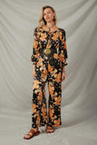 HY7683 Black Womens Satin Floral Smocked Waist Tie Front Jumpsuit Full Body 2
