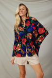 HY7735 Black Womens Retro Floral Satin Button Down Oversized Shirt Front